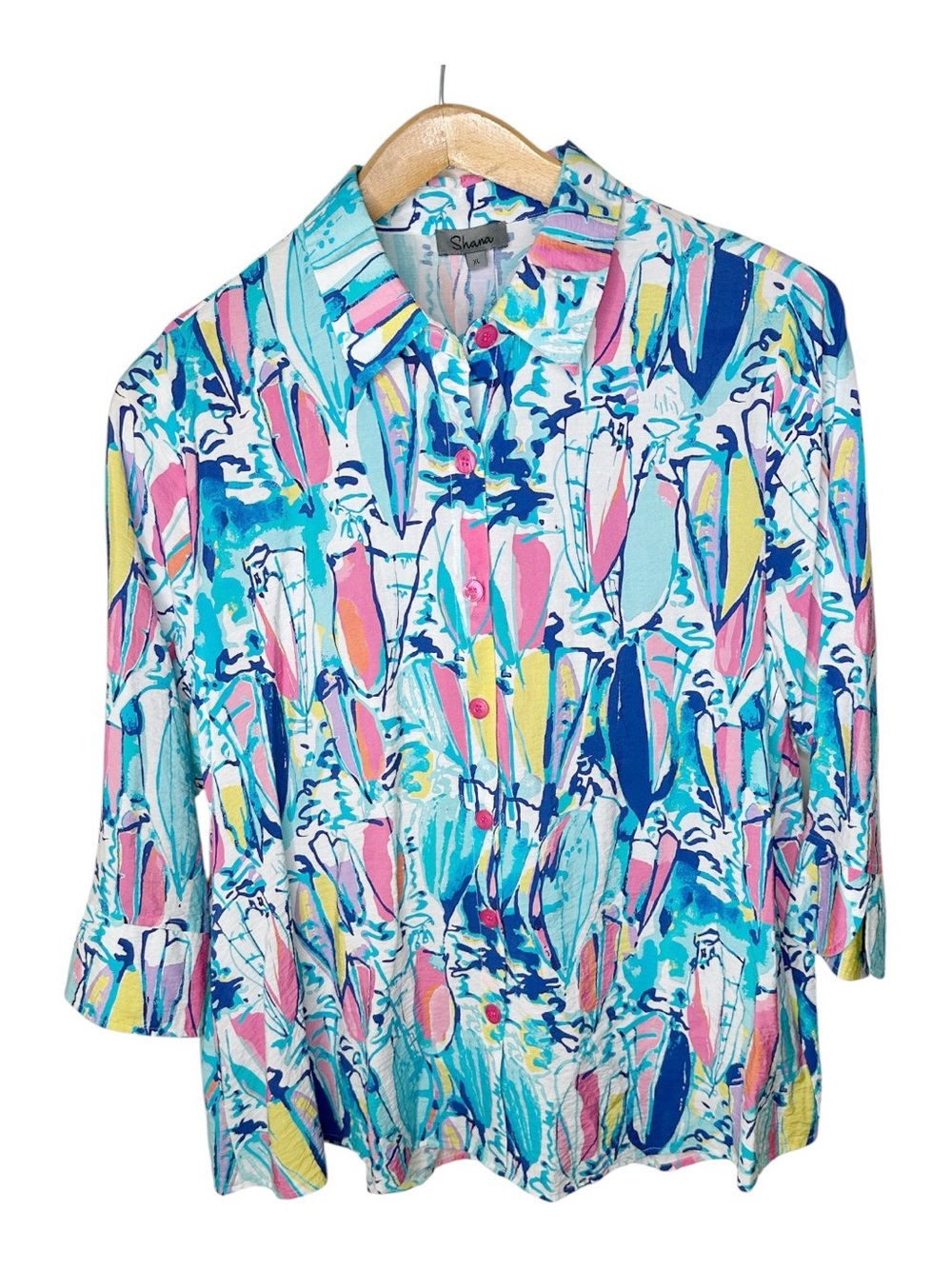 Shana Button Up Top Size XL Art To Wear Tropical Abstract Print Side Pockets